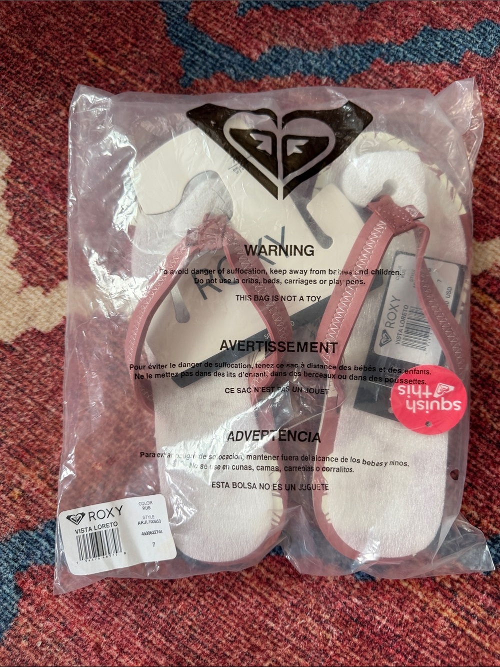 Roxy Vista Loreto Women's Pink and White Flip Flop Sandals size 7